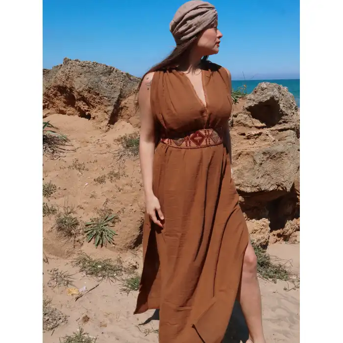 AZİZE BOHEM STİL MÜSLİN ELBİSE / Kahve