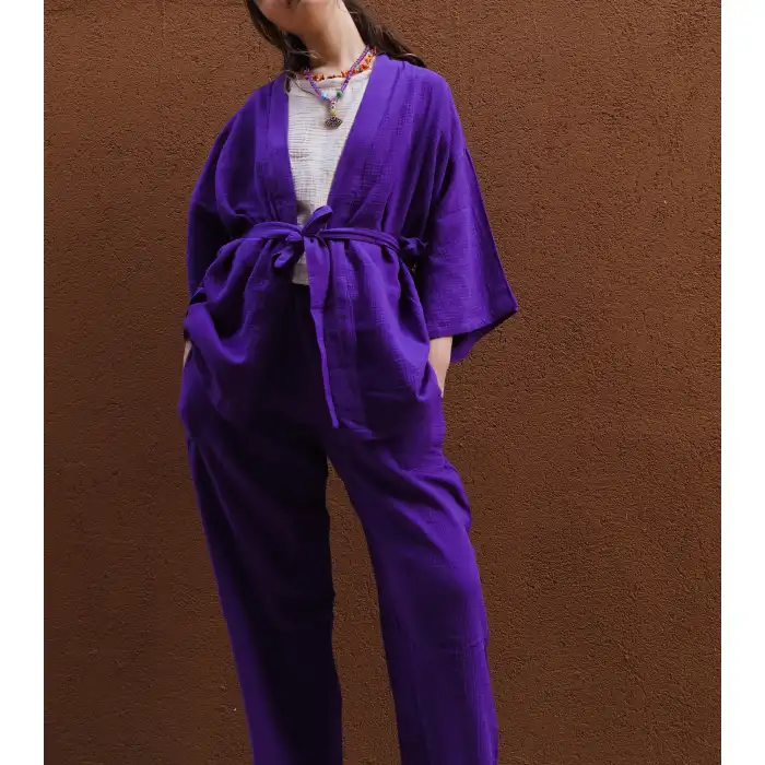 MELİS MÜSLİN KİMONO PANTOLON / Mor