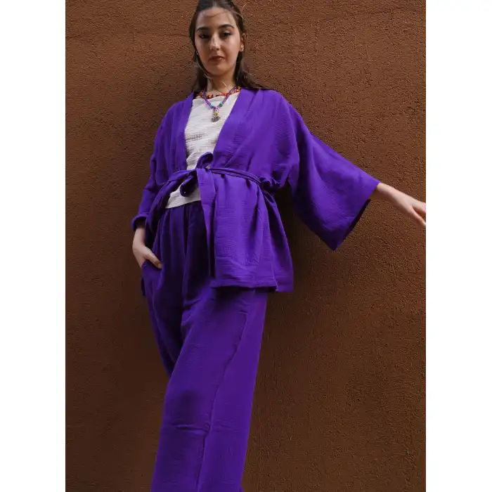 MELİS MÜSLİN KİMONO PANTOLON / Mor