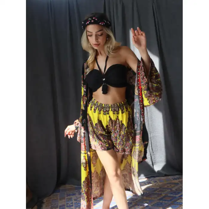 JAKARTA ŞAL DESEN VİSKON KİMONO & ŞORT TAKIM