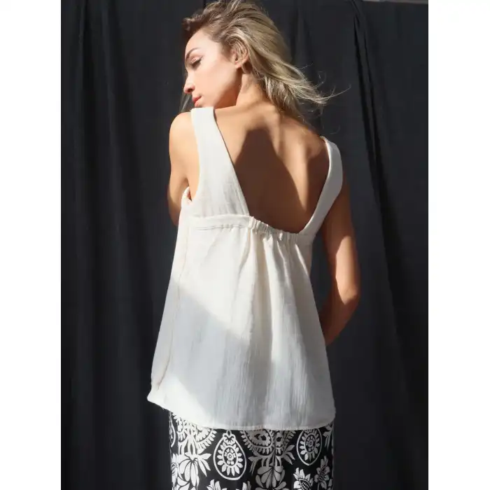 YAPRAK V YAKA Çift KAT MÜSLİN BLUZ