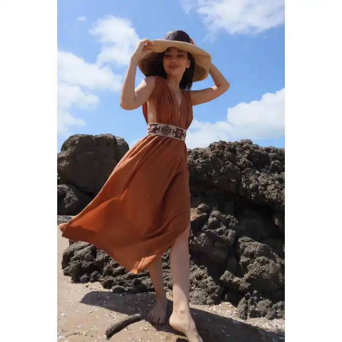 AZİZE BOHEM STİL MÜSLİN ELBİSE / Tarçın