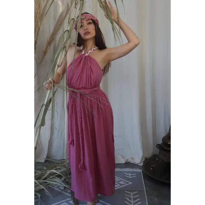 PETUNYA ÖRGÜ DETAYLI BOHEM ELBİSE / gül kurusu