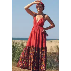 GAZELLE BOHO STİL MAXİ ÇİNGENE ELBİSE / Tarçın