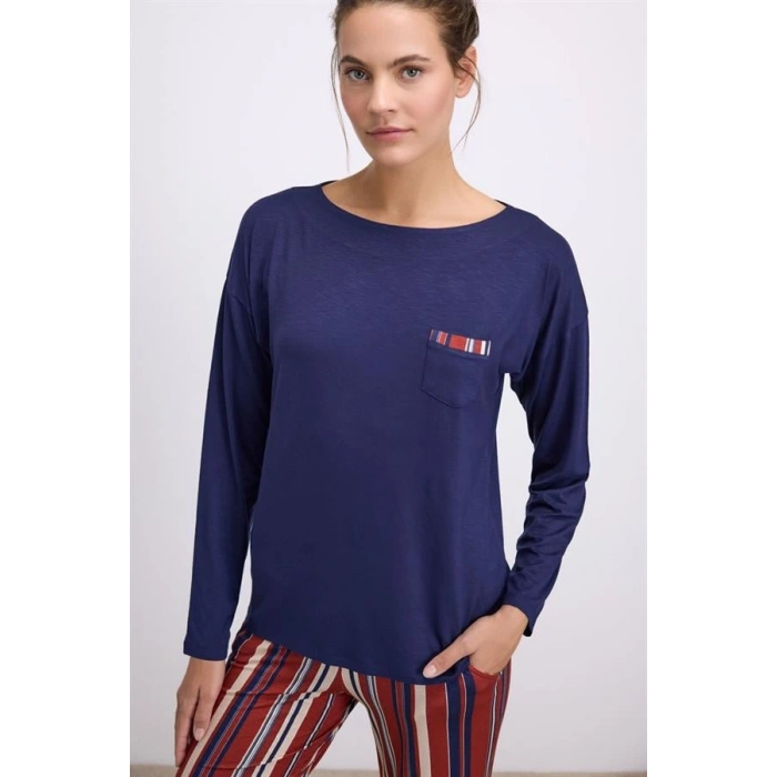 %100 Modal Lacivert Uzun Kollu T-Shirt ve Çizgili Pantolon Takımı