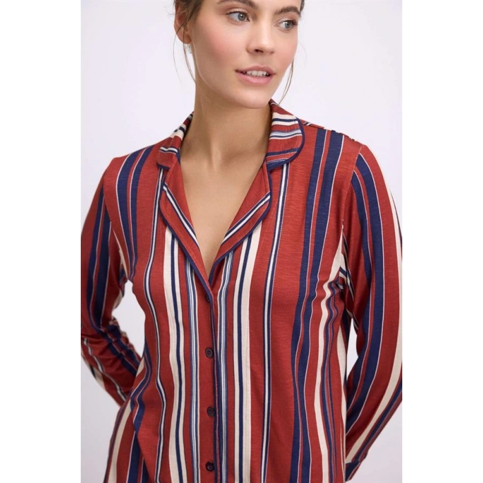 %100 Modal Uzun Kollu Düğmeli Çizgili Pijama Takımı