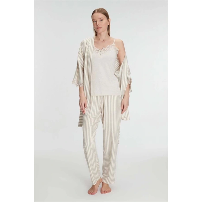 11215 Kadın Sabahlık Atlet Pantolon Takım 3lü Pamuklu Gecelik Set