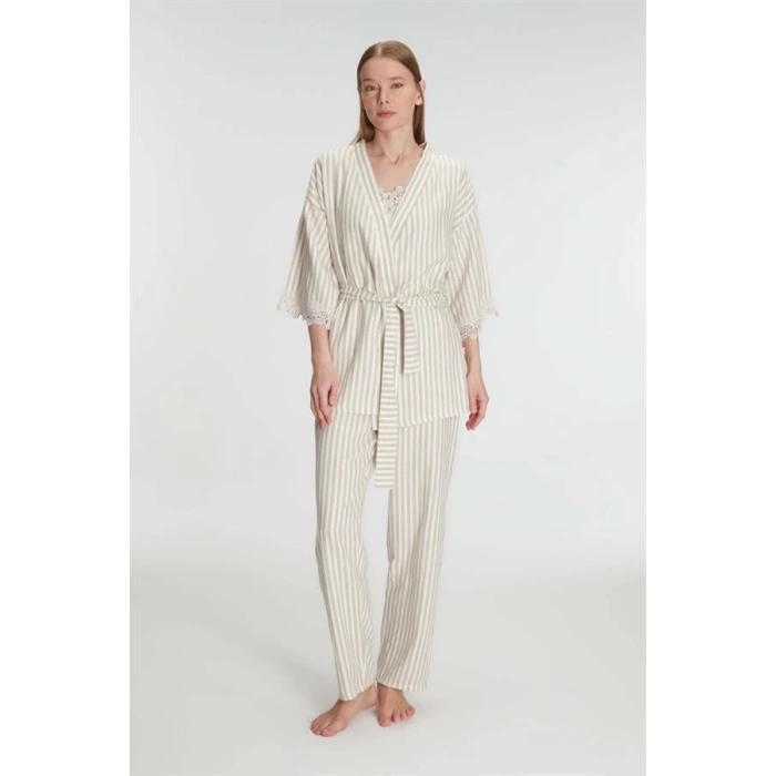 11215 Kadın Sabahlık Atlet Pantolon Takım 3lü Pamuklu Gecelik Set