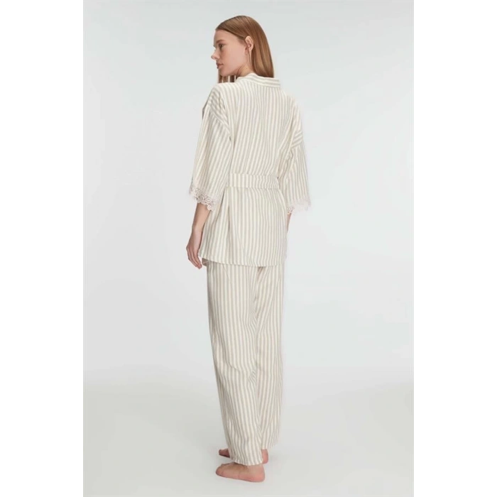 11215 Kadın Sabahlık Atlet Pantolon Takım 3lü Pamuklu Gecelik Set