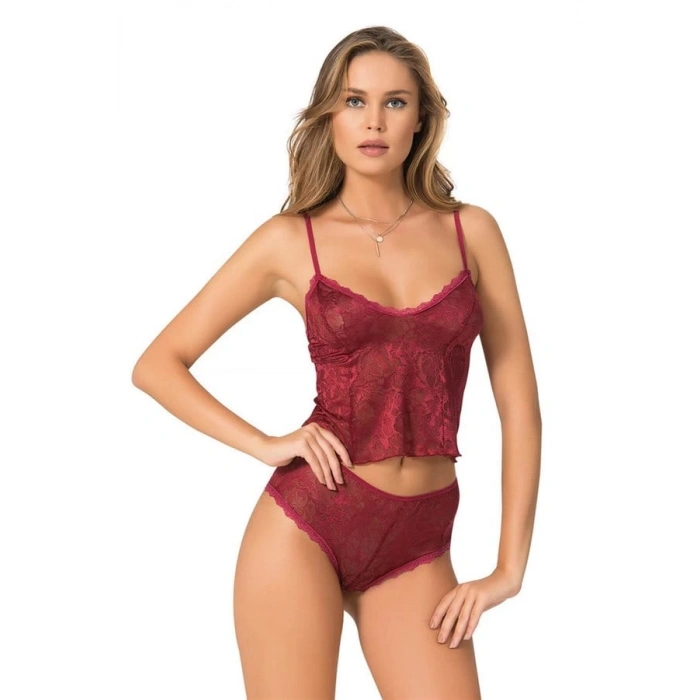 Bordo Jakarlı Babydoll Şort Takımı