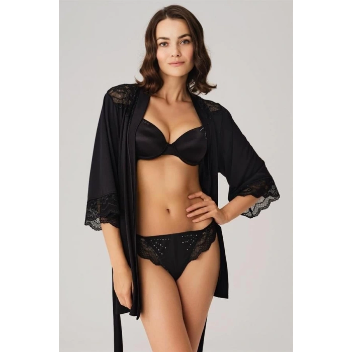 Dantelli Sabahlık Balenli Destekli Dolgulu Taşlı Sütyen ve String 3lü Takım