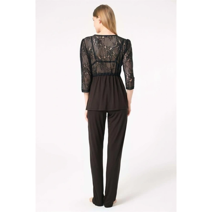 Dantelli Sabahlık Balensiz Desteksiz Dolgusuz Yaka Detaylı Sütyen ve Pantolon Pijama 3lü Takım