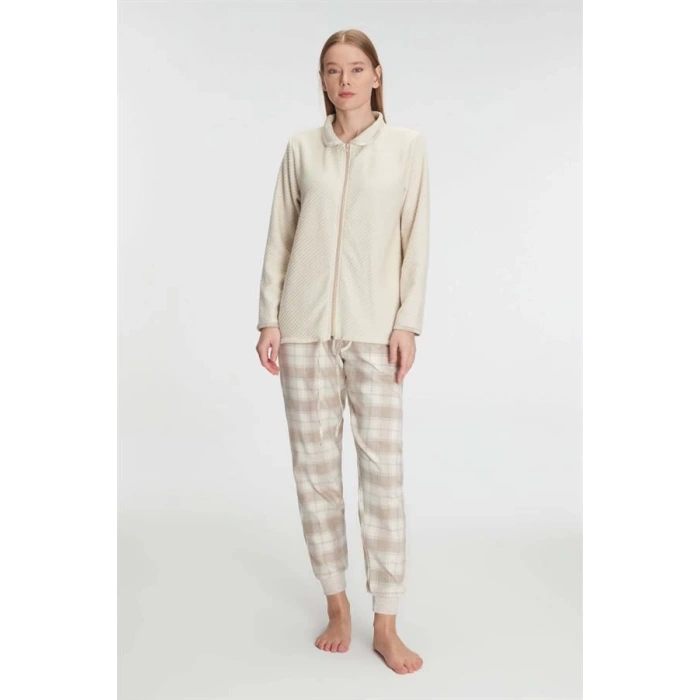 Fermuarlı Uzun Kol Sweatshirt Pantolon Takım Viskon ve Pamuklu Pijama Takımı