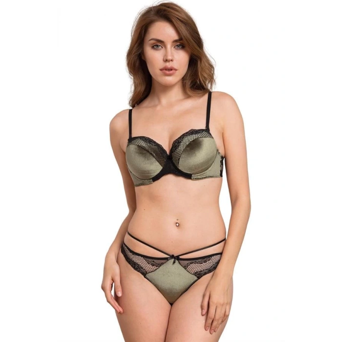 Kadife Balenli Destekli Dolgulu Askıları Çıkabilen Dantelli Sütyen ve String Takım