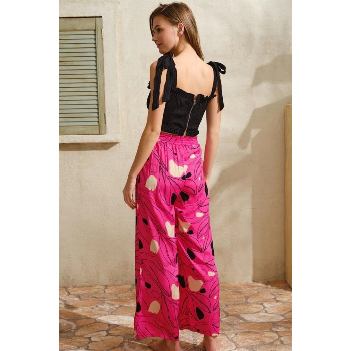 Kalın Askılı Viskon Çiçek Desenli Sırt Aksesuarlı Yazlık Dantel Detaylı Pijama Altı