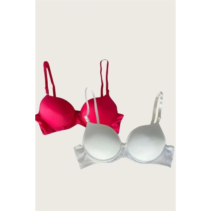 Kırmızı-Beyaz 2li Mikro Kumaş Push Up Dolgulu Balenli Günlük Destekli Sütyen
