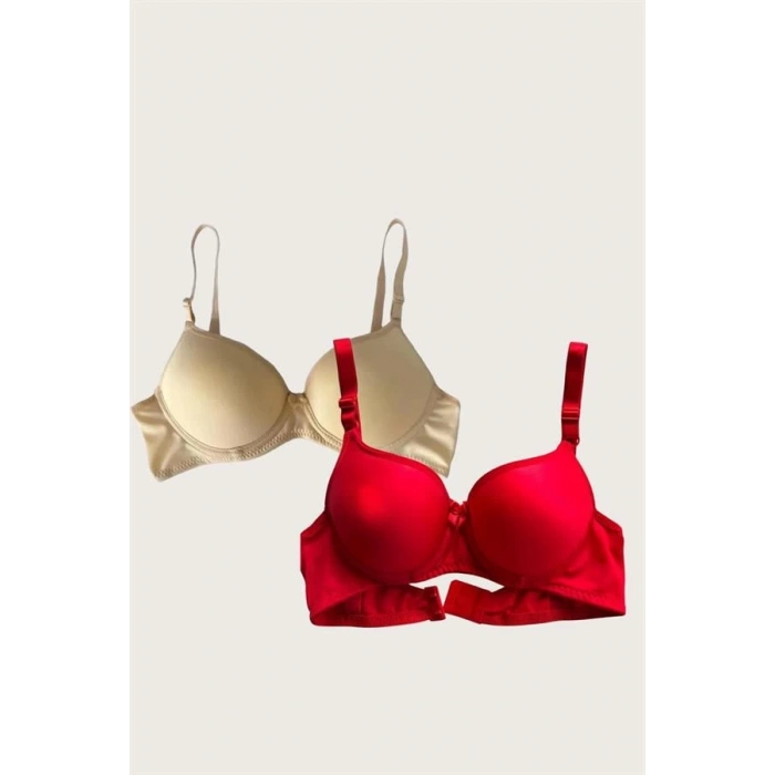 Kırmızı-Ten 2li Mikro Kumaş İçi Boş Balenli Günlük Desteksiz Sütyen