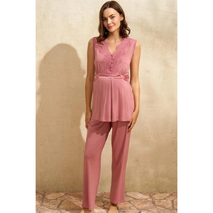 Sıfır Kol V Yaka Kadın Viskon Düz Yazlık Uzun Dantel Detaylı Hamile Pijama Takımı Sabahlık