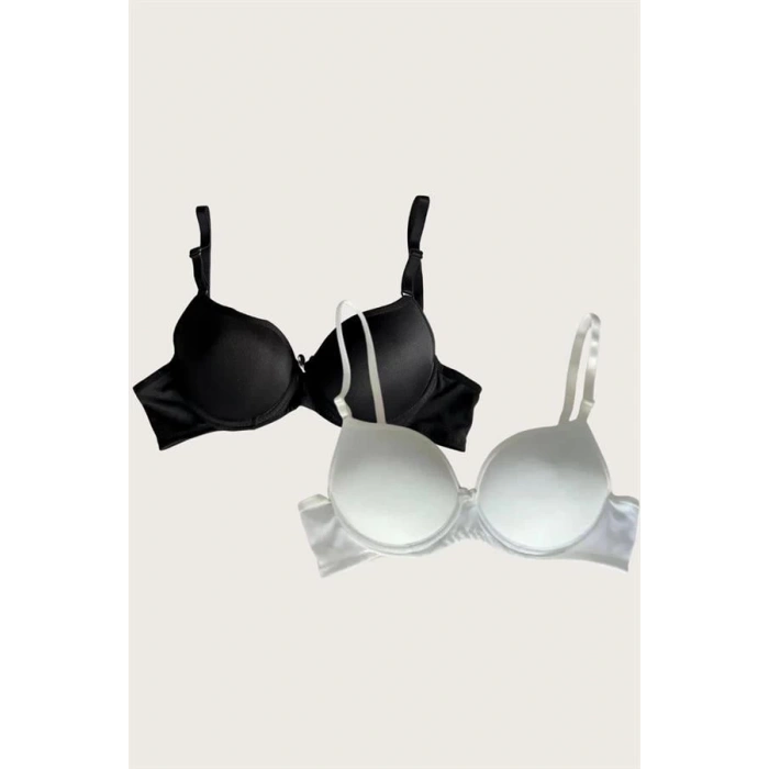 Siyah-Beyaz 2li Mikro Kumaş Push Up Dolgulu Balenli Günlük Destekli Sütyen