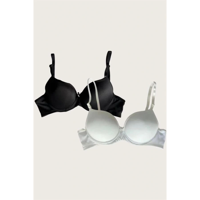 Siyah-Beyaz 2li Mikro Kumaş Push Up Dolgulu Balenli Günlük Destekli Sütyen