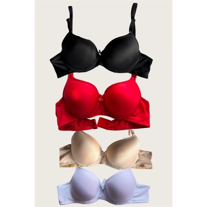 Siyah-Beyaz-Kırmızı-Ten 4lü Dolgulu Push Up Micro Balenli Günlük Tek Destekli Sütyen