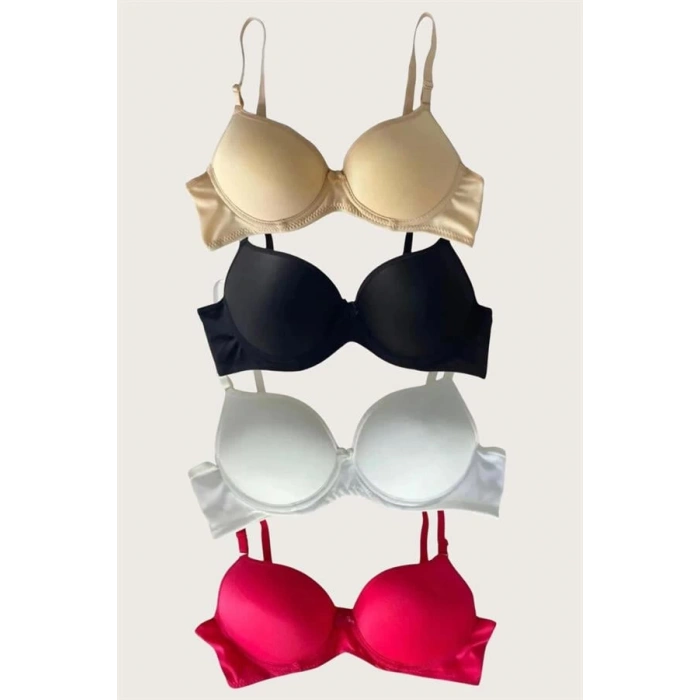 Siyah-Beyaz-Kırmızı-Ten 4lü İçi Boş Micro Balenli Günlük Tek Desteksiz Sütyen