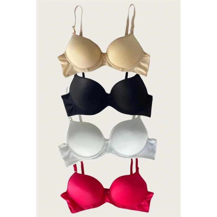 Siyah-Beyaz-Kırmızı-Ten 4lü İçi Boş Micro Balenli Günlük Tek Desteksiz Sütyen