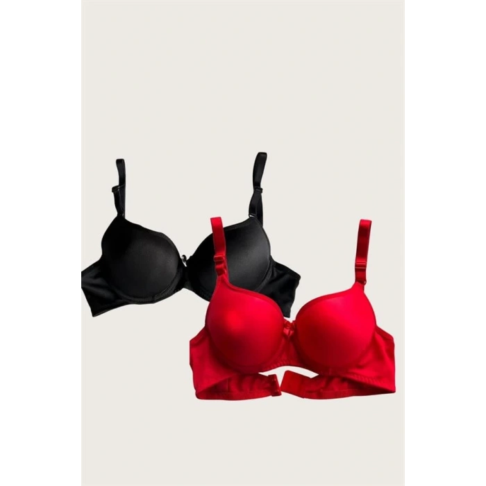 Siyah-Kırmızı 2li Mikro Kumaş İçi Boş Balenli Günlük Desteksiz Sütyen