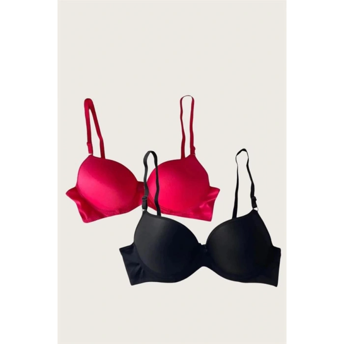Siyah-Kırmızı 2li Mikro Kumaş Push Up Dolgulu Balenli Günlük Destekli Sütyen