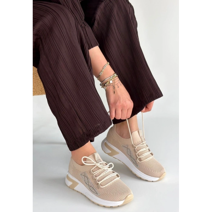 Belan Bej Triko Bağcıklı Spor Ayakkabı