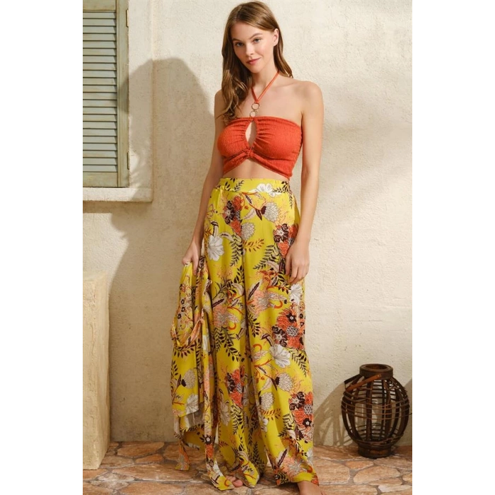 Boyundan Bağlamalı V Yaka Kadın Çiçek Desenli Yazlık Boncuk Detaylı Pijama Takımı Sabahlık  5754