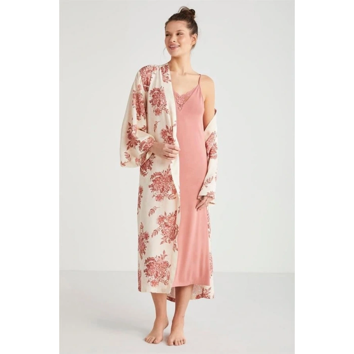 Catherines %100  Viskon Çiçek Desen 2li Sabahlık Gecelik Takımı