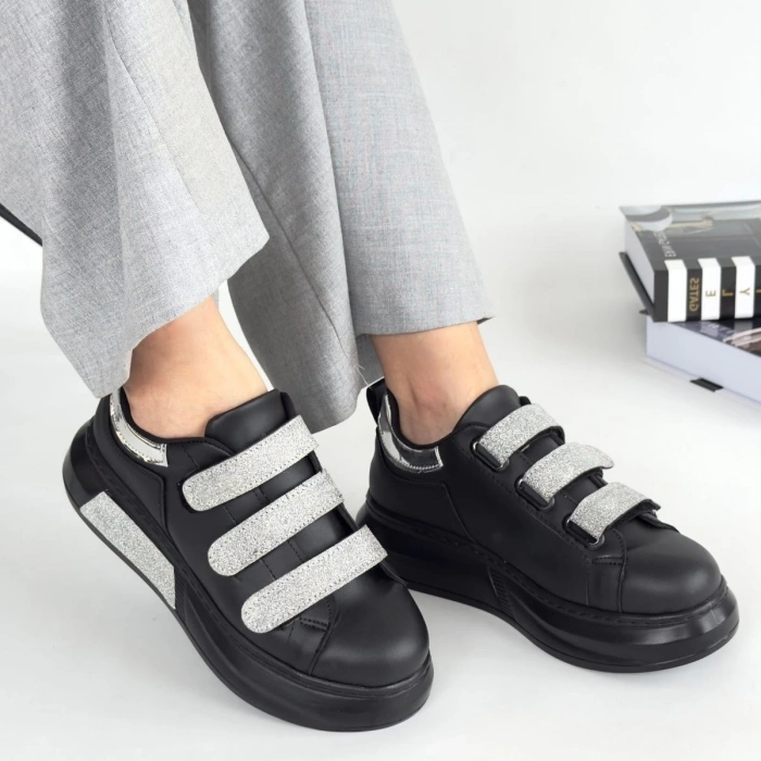 Elika Siyah Cilt Simli Cırt Cırtlı Spor Ayakkabı