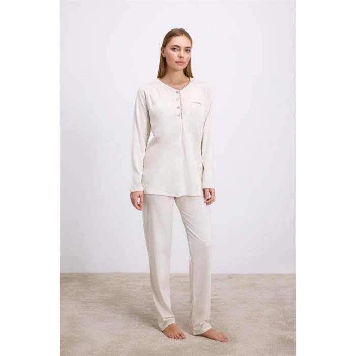 Fil Dişi Modal Pamuklu Uzun Kollu Düğmeli 2li Pijama Takımı
