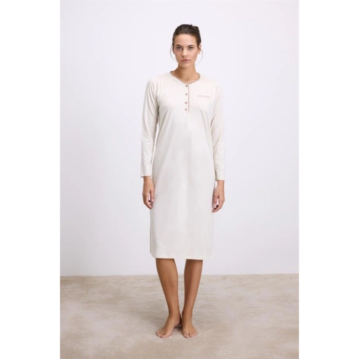 Fil Dişi Modal Uzun Kollu Düğmeli Gecelik