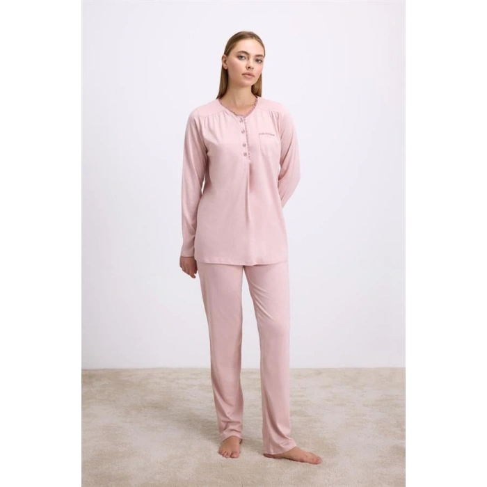 Gül Kurusu Modal Pamuklu Uzun Kollu Düğmeli 2li Pijama Takımı