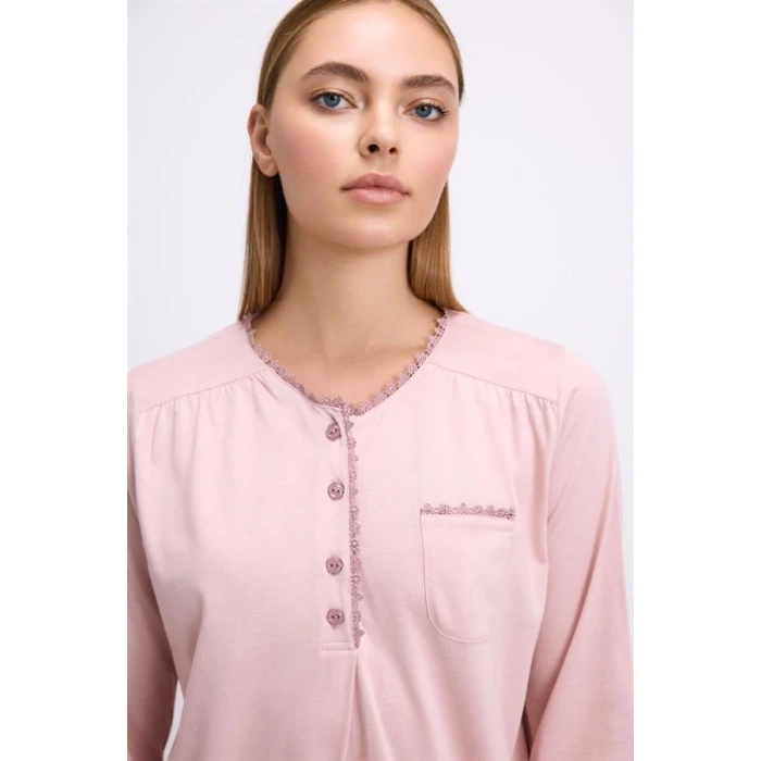 Gül Kurusu Modal Pamuklu Uzun Kollu Düğmeli 2li Pijama Takımı