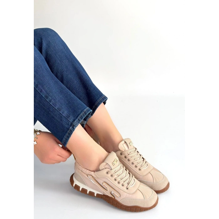 Huer Bej Nubuk Bağcıklı Spor Ayakkabı