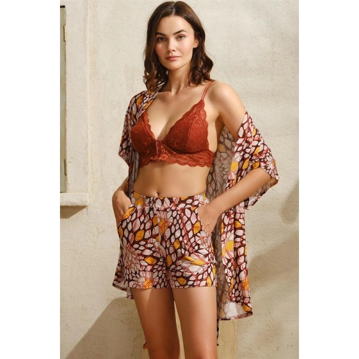 İp Askılı V Yaka Kadın Pamuklu Geometrik Yazlık Mini Dantel Detaylı Şort Sabahlık  5759