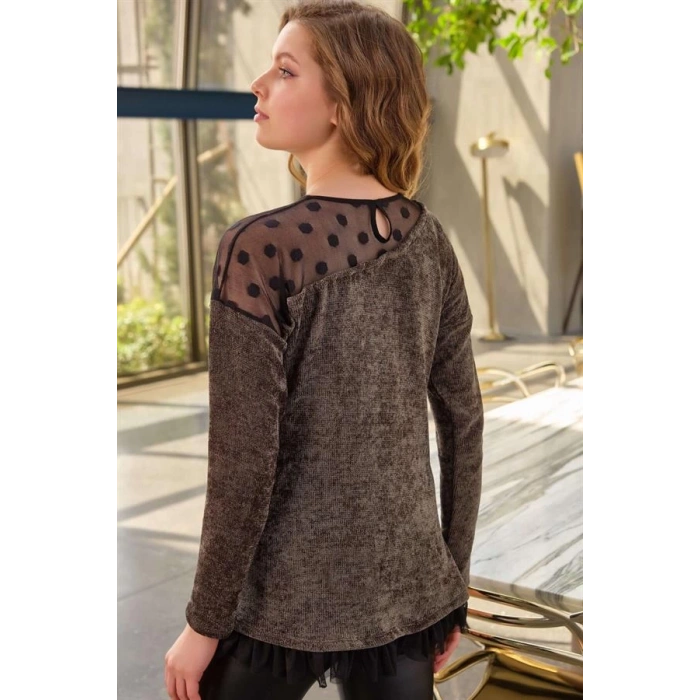 Kadın Puantiyeli Tüllü Uzun Kollu Sweatshirt ve Deri Görünümlü Tayt Takım (9739)