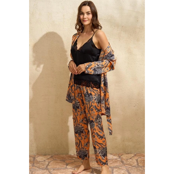 Kadın Saten Çiçek Baskılı Sabahlık Dantelli Atlet ve Pantolon Pijama 3lü Takım (5621)