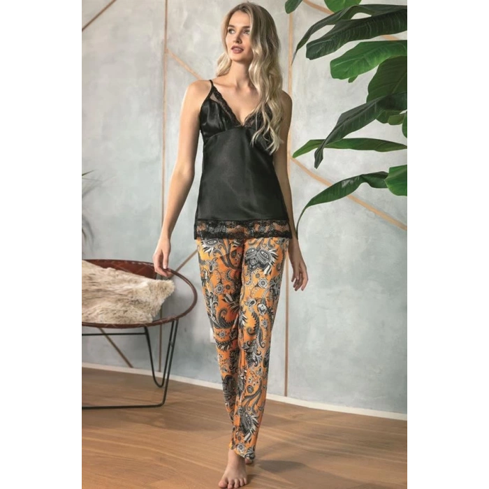 Kadın Saten Çiçek Baskılı Sabahlık Dantelli Atlet ve Pantolon Pijama 3lü Takım (5621)