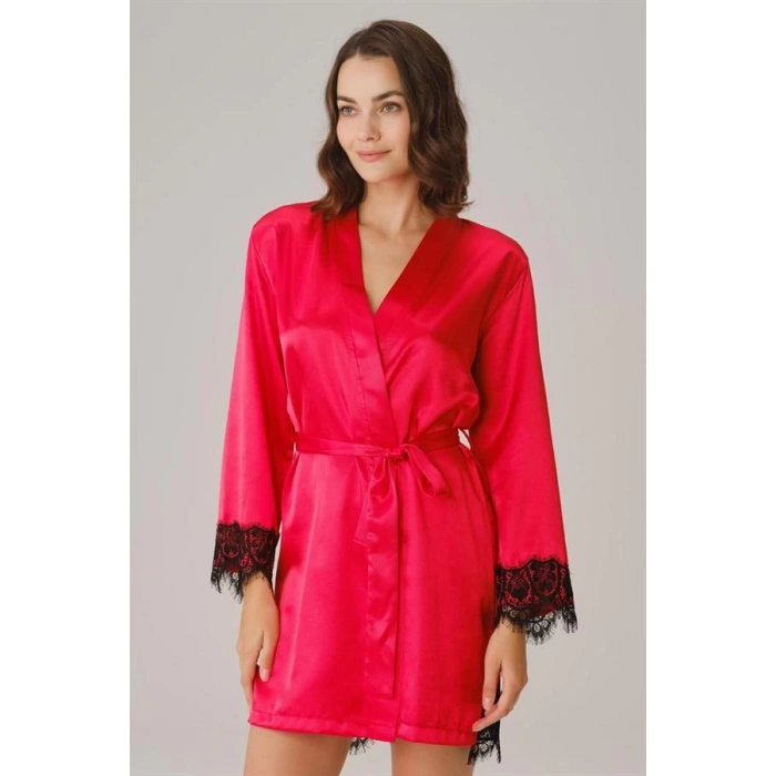 Kadın Saten Sırt Detaylı Dantelli Sabahlık ve String Takım (5738)
