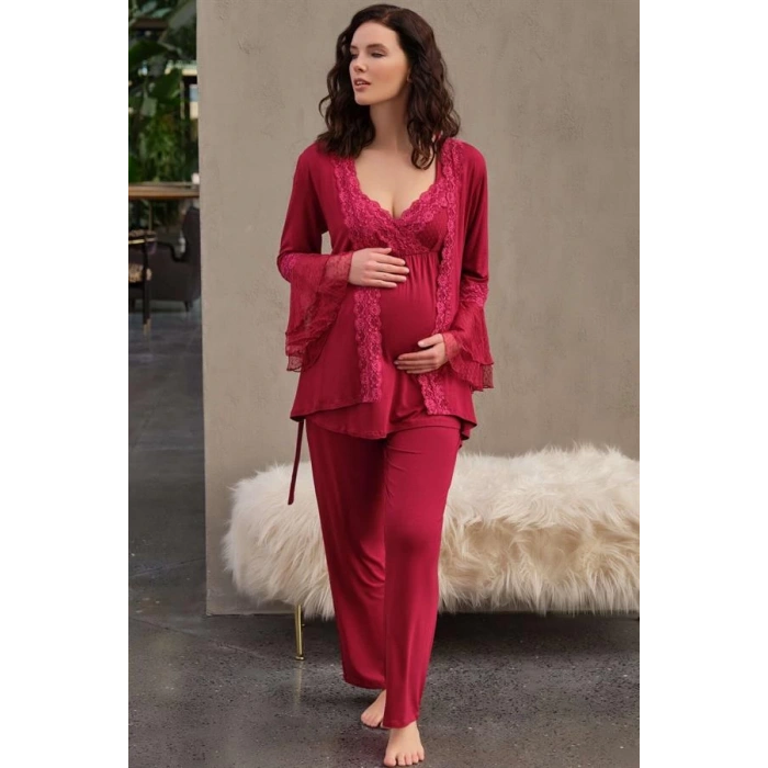 Kadın Viskon Hamile Lohusa Dantelli Sabahlık Önden Açılan Emzirme T-Shirt ve Pantolon Pijama 3lü Takım (5648)