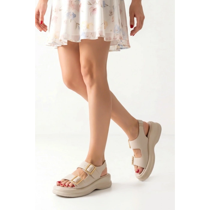 Kaji Bej Cilt Çift Tokalı Sandalet
