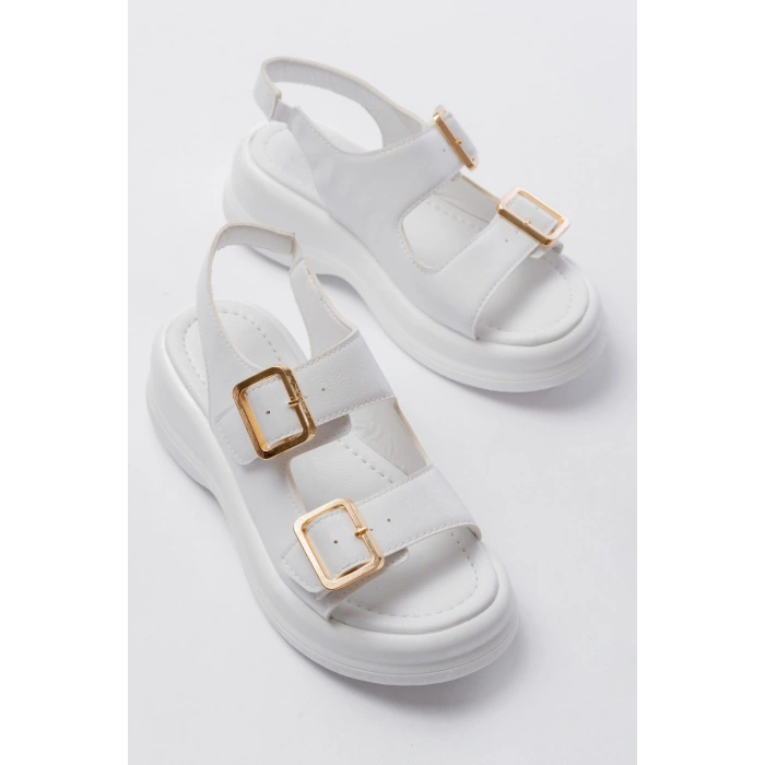 Kaji Beyaz Cilt Çift Tokalı Sandalet