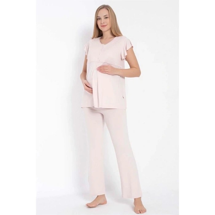 Kısa Kol Bisiklet Yaka Kadın Viskon Dantel Detaylı Hamile Pijama Takımı Sabahlık