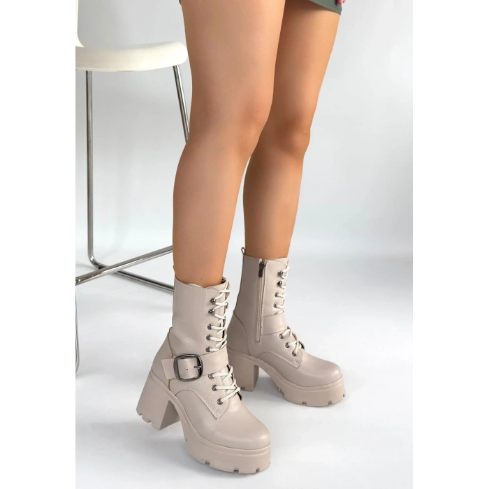 Linma Bej Cilt Bağcıklı Topuklu Bot