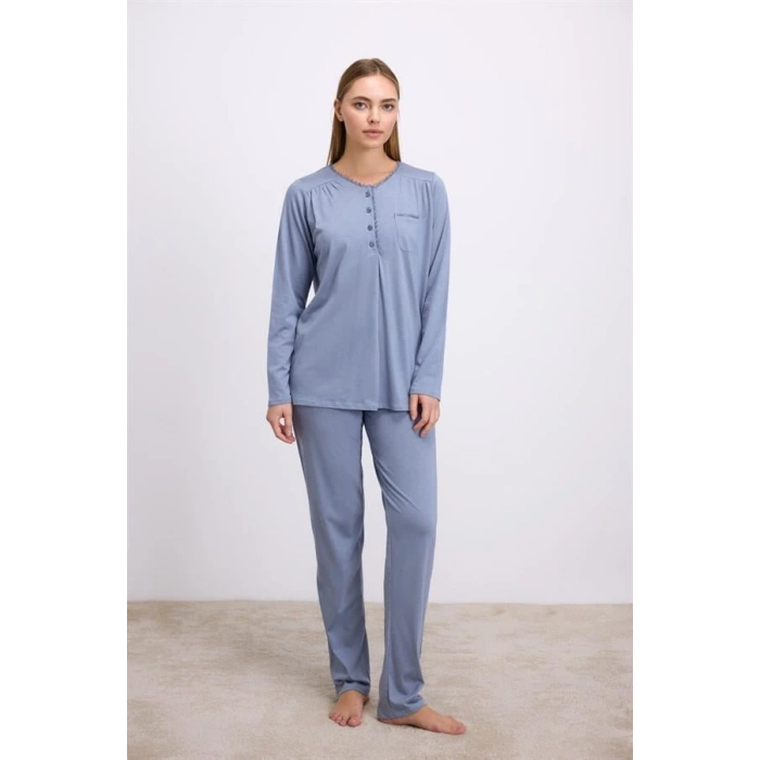 Modal Pamuklu Uzun Kollu Düğmeli 2li Pijama Takımı