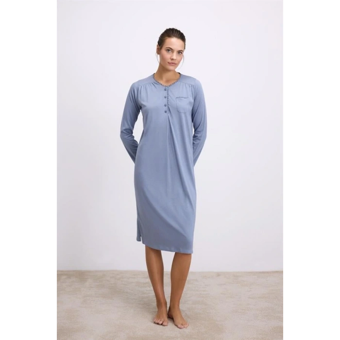 Modal Uzun Kollu Düğmeli Gecelik